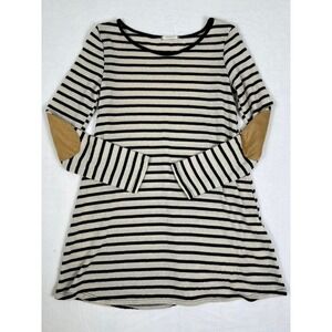 12PM by Mon Ami Striped Elbow Patch Tunic Top Cream Black Small Preppy Minimal